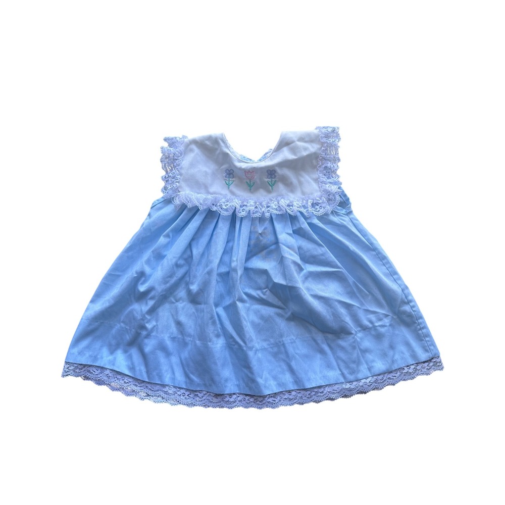 Vintage Alexis Baby Girl Blue White Lace Floral Embroidered Dress 12 Months USA